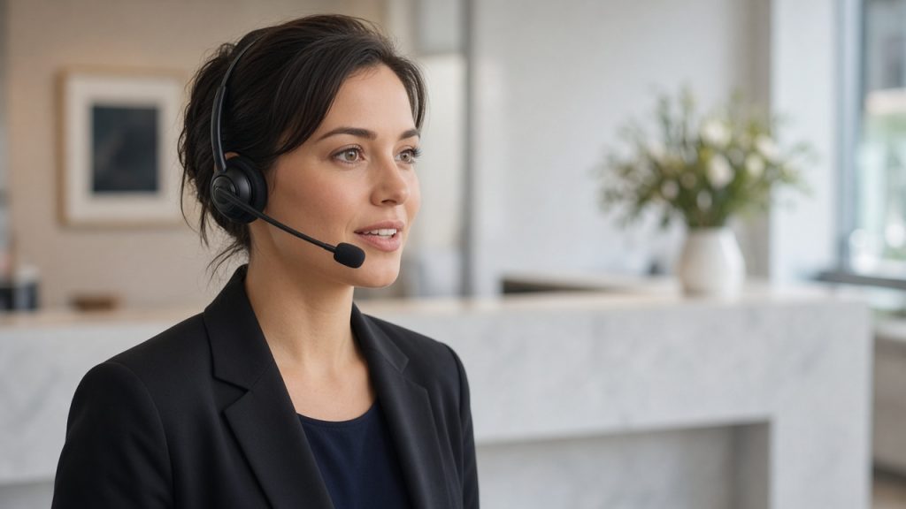 A receptionist wearing a headset at a bright office reception desk