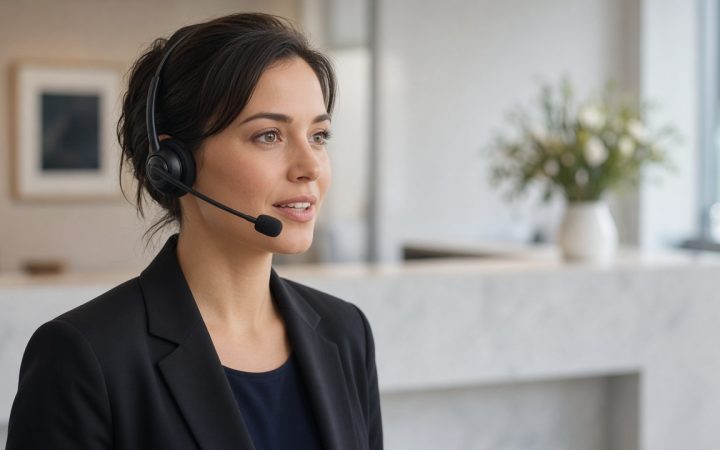 A receptionist wearing a headset at a bright office reception desk