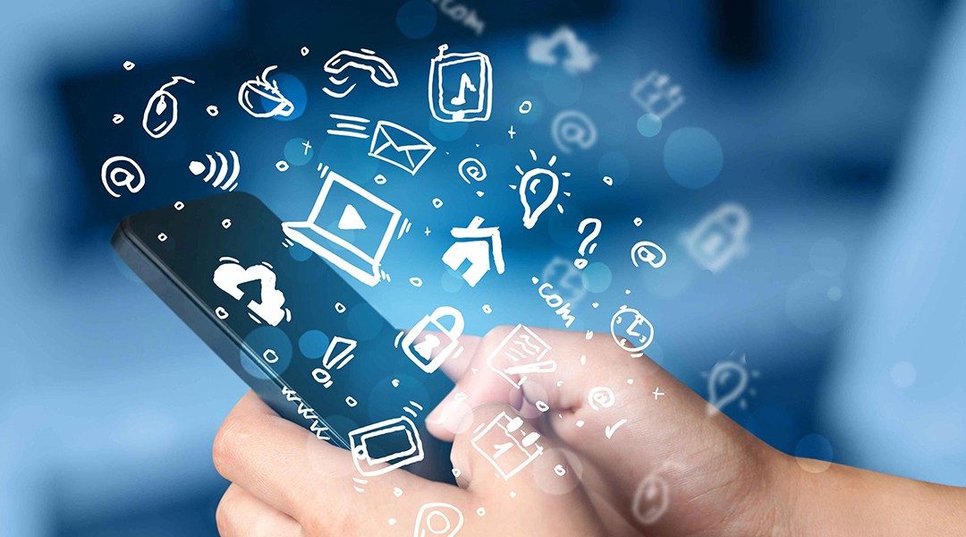 Mobile app icons flowing from a smartphone