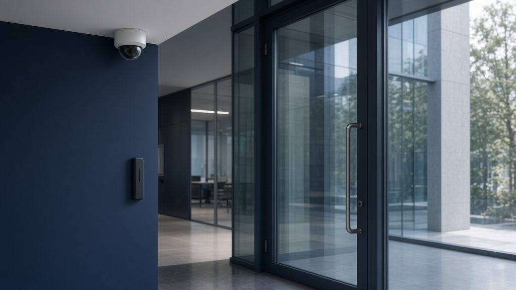 A dome security camera and an access-control reader at a glass office entrance