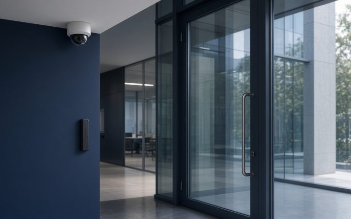 A dome security camera and an access-control reader at a glass office entrance