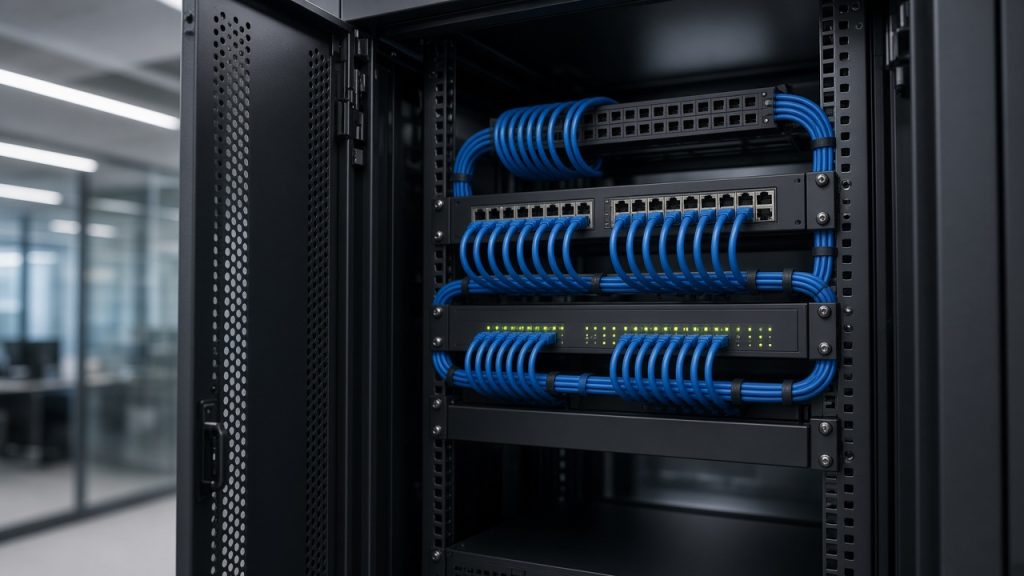 A network cabinet with neatly dressed blue ethernet cables and switches
