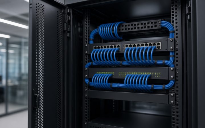 A network cabinet with neatly dressed blue ethernet cables and switches