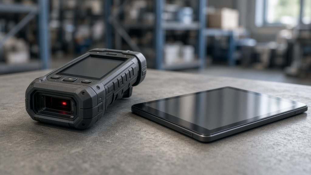 A rugged handheld computer beside a slim consumer tablet on a warehouse bench