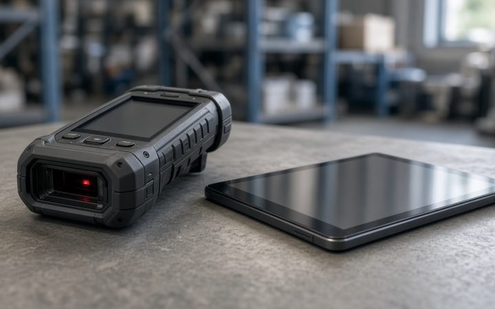A rugged handheld computer beside a slim consumer tablet on a warehouse bench