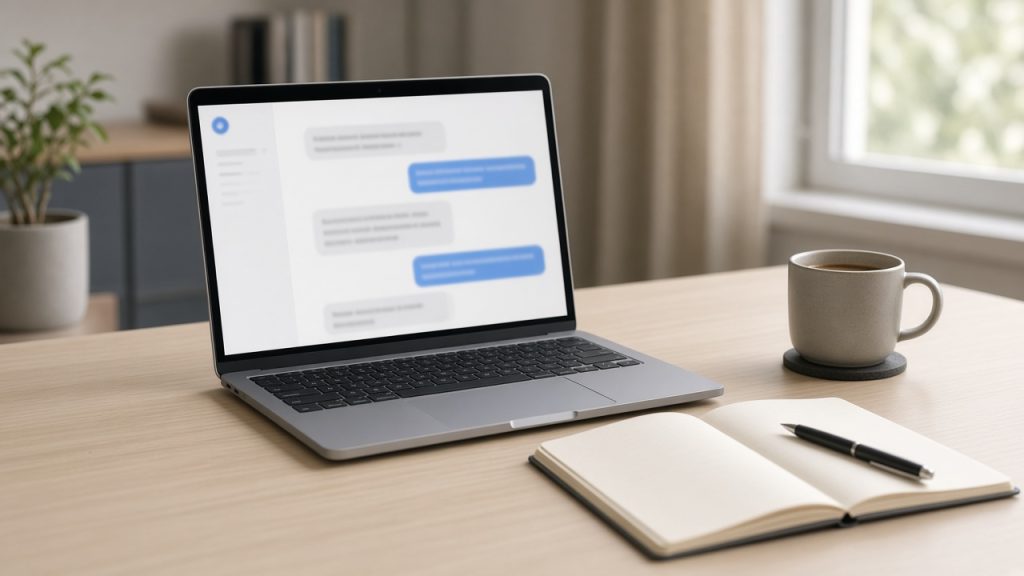 A laptop on a desk showing a chat conversation beside a notebook and coffee
