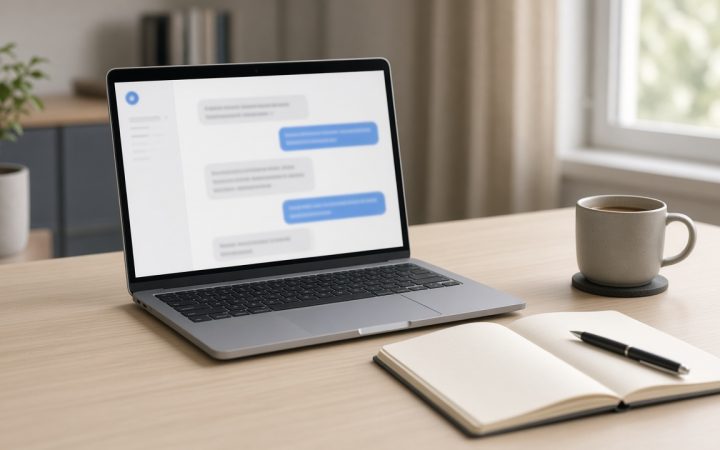 A laptop on a desk showing a chat conversation beside a notebook and coffee